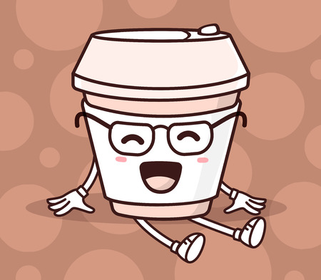 Vector illustration of color sitting smile takeaway coffee cup with hands and legs on brown background. Creative cartoon coffee concept. Doodle style. Thin line art flat design of character coffee cup for positive, relax time themeのイラスト素材