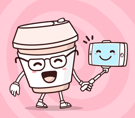 Vector illustration of color smile takeaway coffee cup with phone making selfie on pink background. Selfie cartoon concept. Doodle style. Thin line art flat design of character coffee cup for mobile selfie themeのイラスト素材