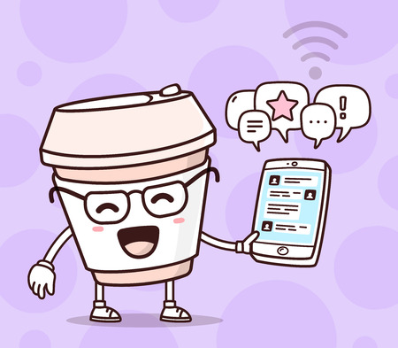 Vector illustration of color smile takeaway coffee cup holding phone on purple background. Chatting cartoon concept. Doodle style. Thin line art flat design of character coffee cup for mobile communication themeのイラスト素材