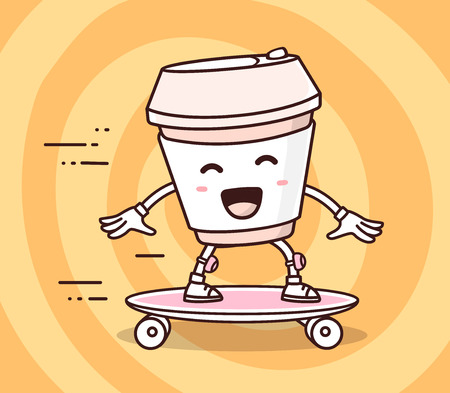 Vector illustration of color smile takeaway coffee cup riding skateboard on yellow background. Skateboarding cartoon concept. Doodle style. Thin line art flat design of character coffee cup for sport, skateboard themeのイラスト素材
