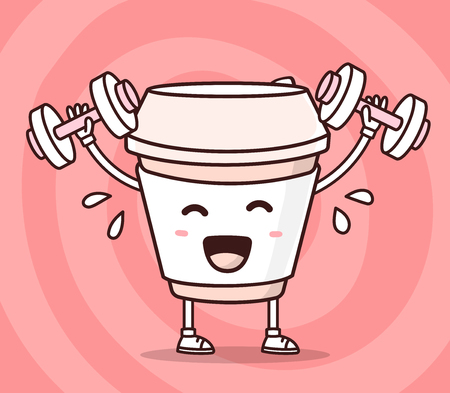 Vector illustration of color smile take away coffee cup lifts dumbbells on red background. Fitness cartoon concept. Doodle style. Thin line art flat design of character coffee cup for sport, lose weight, fitness themeのイラスト素材