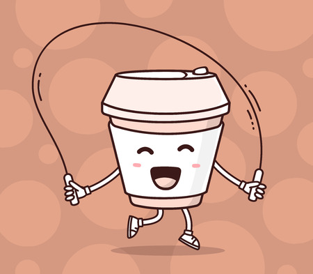 Vector illustration of color smile takeaway coffee cup with skipping rope on brown background. Fitness cartoon concept. Doodle style. Thin line art flat design of character coffee cup for sport, lose weight, fitness themeのイラスト素材