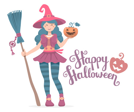 Vector colorful halloween illustration of witch character with broom, hat, pumpkin wishes happy Halloween on light background. Flat style design for halloween greeting card, poster, banner, web, siteのイラスト素材