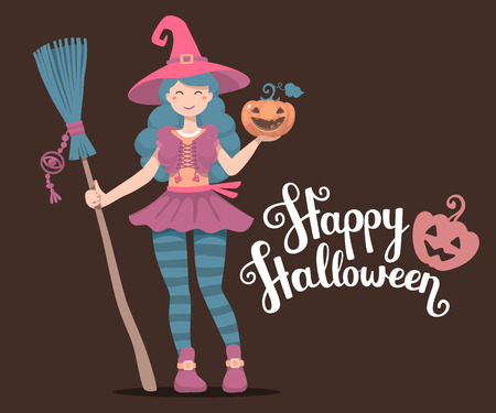 Vector colorful halloween illustration of witch character with broom, hat, pumpkin wishes happy Halloween on dark background. Flat style design for halloween greeting card, poster, banner, web, siteのイラスト素材
