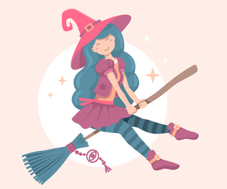 Vector colorful halloween illustration of witch character with hat flying on a broomstick on the moon light background. Flat style design for halloween greeting card, poster, banner, web, siteのイラスト素材