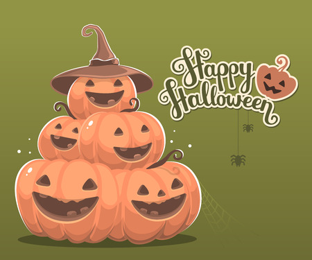 Vector halloween illustration of pile of decorative orange pumpkins with hat, eyes, smiles, spiders, web and text happy halloween. Flat style design for halloween greeting card, poster, web, site, banner.のイラスト素材
