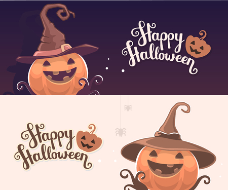 Vector template with halloween illustration of decorative orange pumpkin in witch hat with eyes, smile, teeth and text happy halloween. Flat style design for halloween greeting card, poster, web, site, banner.のイラスト素材