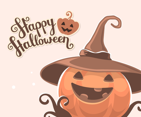 Vector halloween illustration of decorative orange pumpkin in witch hat with eyes, smile, teeth and text happy halloween on light background. Flat style design for halloween greeting card, poster, web, site, banner.のイラスト素材