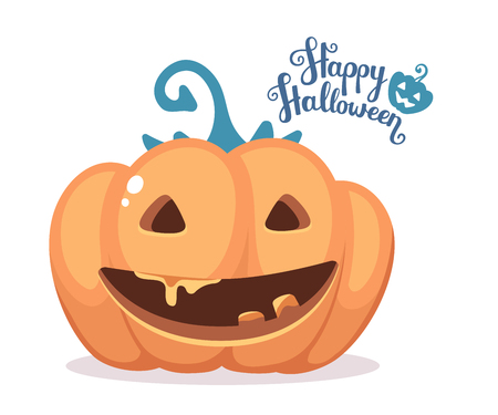 Vector halloween illustration of decorative orange pumpkin with eyes, smiles, teeth and text happy halloween on white background. Flat style design for halloween greeting card, poster, web, site, banner.のイラスト素材