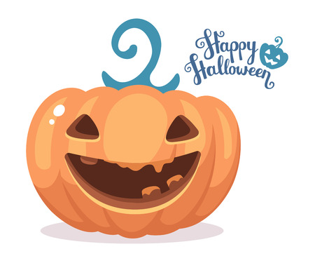 Vector halloween illustration of decorative orange pumpkin with eyes, smiles, teeth and text happy halloween on white background. Flat style design for halloween greeting card, poster, web, site, banner.のイラスト素材