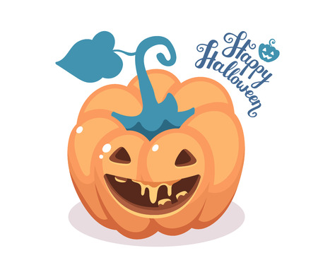 Vector halloween illustration of decorative orange pumpkin with eyes, smiles, teeth and text happy halloween on white background. Top view design for halloween greeting card, poster, web, site, banner.のイラスト素材