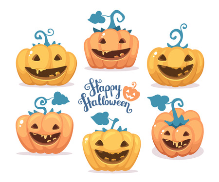 Vector halloween illustration of collection decorative orange and yellow pumpkins with eyes, smiles, teeth and text happy halloween on white background. Flat style design for halloween greeting card, poster, web, site, banner.のイラスト素材