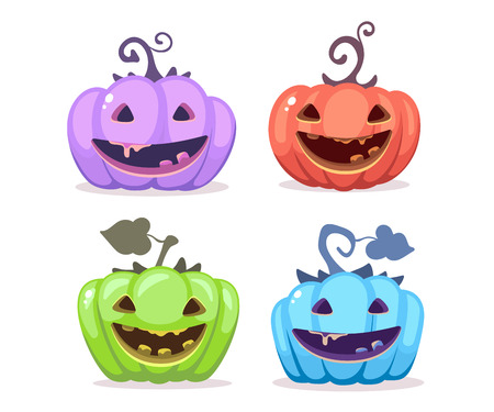 Vector halloween illustration of collection decorative colorful pumpkins with eyes, smiles, teeth on white background. Flat style design for halloween greeting card, poster, web, site, banner.のイラスト素材