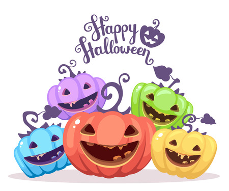 Vector halloween illustration of heap decorative pumpkins of different colors with eyes, smiles, teeth and text happy halloween on white background. Flat style design for halloween greeting card, poster, web, site, banner.のイラスト素材