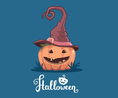 Vector halloween illustration of decorative orange pumpkin in witch hat with eyes, smile, teeth and text halloween on blue background. Flat style design for halloween greeting card, poster, web, site, banner.のイラスト素材