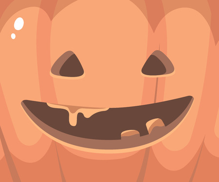 Vector halloween illustration of close up decorative orange face of pumpkins with eyes, smile, teeth. Flat style design for halloween greeting card, poster, web, site, banner.のイラスト素材