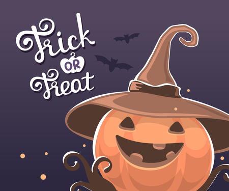 Vector halloween illustration of decorative orange pumpkin in witch hat with eyes, smile, teeth, bats and text trick or treat on light background. Flat style design for halloween greeting card, poster, web, site, banner.のイラスト素材