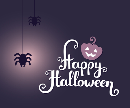 Vector halloween illustration with  text happy halloween, glowing pumpkin and spiders on dark background. Flat style design for halloween greeting card, poster, web, site, banner.のイラスト素材