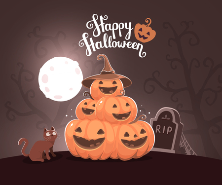 Vector halloween illustration of pile of decorative orange pumpkins with hat, eyes, smiles, cat, web, moon, headstone at the cemetery and text happy halloween. Flat style design for halloween greeting card, poster, web, site, banner.のイラスト素材