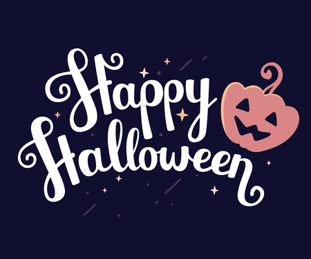 Vector halloween illustration with  text happy halloween and orange pumpkin on dark night background with stars. Flat style design for halloween greeting card, poster, web, site, banner.のイラスト素材