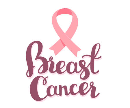 Vector illustration for breast cancer awareness month with pink ribbon, cancer awareness symbol with text on white background. Flat style design for poster, banner, web, siteのイラスト素材