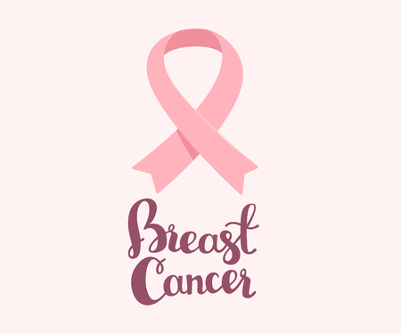 Vector illustration for breast cancer awareness month with pink ribbon, cancer awareness symbol with text on white background. Flat style design for poster, banner, web, siteのイラスト素材