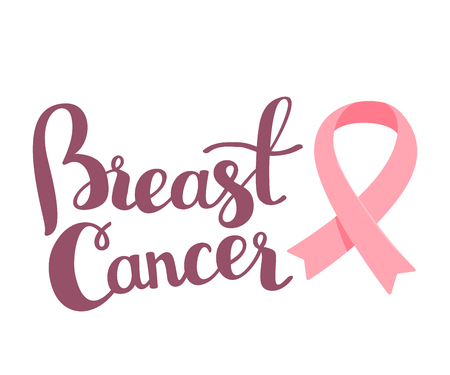Vector illustration for breast cancer awareness month with pink ribbon, cancer awareness symbol with text on white background. Flat style design for poster, banner, web, siteのイラスト素材