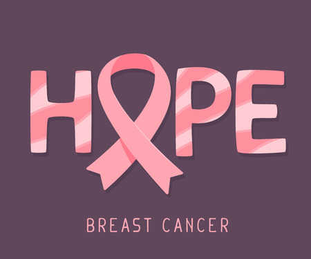 Vector illustration for breast cancer awareness month with pink ribbon, cancer awareness symbol and word hope on dark background. Flat style design for poster, banner, web, siteの写真素材