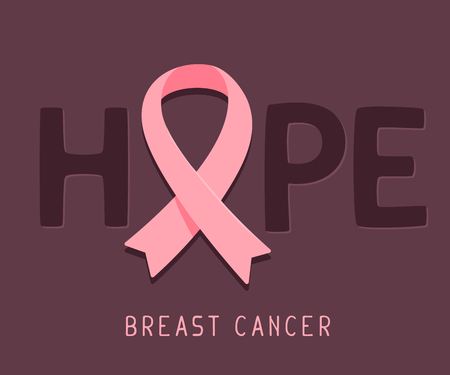 Vector illustration for breast cancer awareness month with pink ribbon, cancer awareness symbol and word hope on dark background. Flat style design for poster, banner, web, siteのイラスト素材