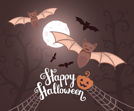 Vector halloween illustration with flying bats on moonlit night on dark trees background with text, pumpkin, spider web. Flat style design for halloween greeting card, poster, web, site, banner.のイラスト素材