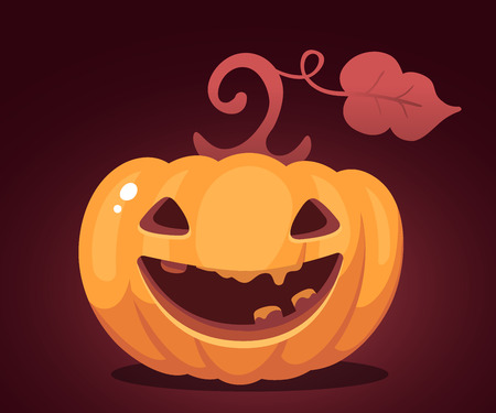 Vector halloween illustration of decorative orange pumpkin with eyes, smiles, teeth on dark background. Flat style design for halloween greeting card, poster, web, site, banner.の写真素材