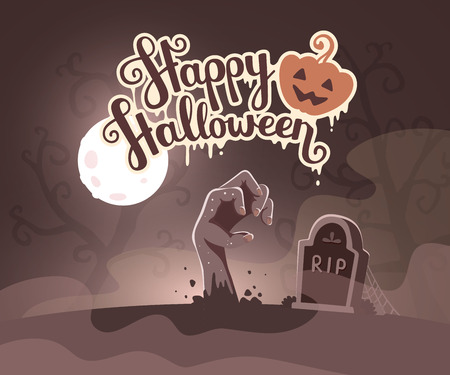 Vector halloween illustration of zombie hand in a graveyard with headstone, trees, text, pumpkin on dark background. Flat style design for halloween greeting card, poster, web, site, banner.の写真素材