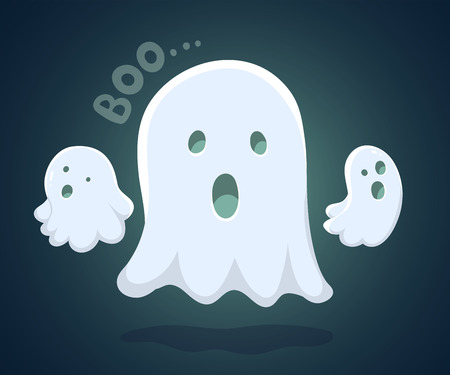 Vector halloween illustration of white flying three ghosts with eyes, mouths on dark blue gradient background. Flat style design for halloween greeting card, poster, web, site, bannerの写真素材