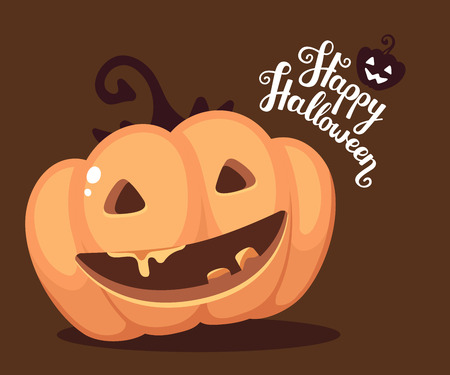 Vector halloween illustration of decorative orange pumpkin with eyes, smiles, teeth and text happy halloween on dark background. Flat style design for halloween greeting card, poster, web, site, banner.の写真素材