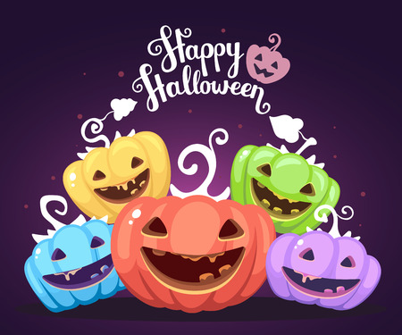 Vector halloween illustration of heap decorative pumpkins of different colors with eyes, smiles, teeth and text happy halloween on dark background. Flat style design for halloween greeting card, poster, web, site, banner.の写真素材