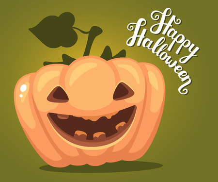 Vector halloween illustration of decorative orange pumpkin with eyes, smiles, teeth and text happy halloween on green gradient background. Flat style design for halloween greeting card, poster, web, site, banner.のイラスト素材