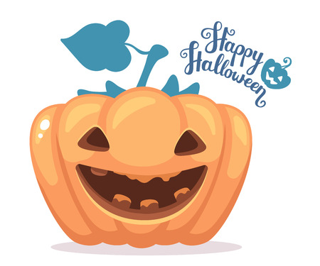 Vector halloween illustration of decorative orange pumpkin with eyes, smiles, teeth and text happy halloween on white background. Flat style design for halloween greeting card, poster, web, site, banner.の写真素材