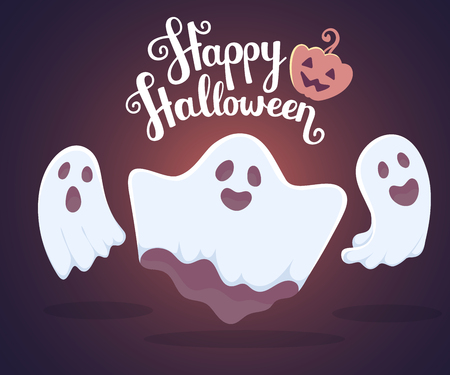 Vector halloween illustration of white flying three ghosts with eyes, mouths on dark blue gradient background with words happy halloween and pumpkin. Flat style design for halloween greeting card, poster, web, site, bannerのイラスト素材