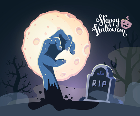 Vector halloween illustration of zombie hand in a graveyard with headstone, big full moon, trees, text, pumpkin on dark background. Flat style design for halloween greeting card, poster, web, site, banner.のイラスト素材