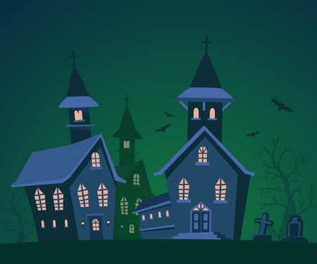 Vector halloween illustration of haunted house, cemetery, bats with trees on dark green background. Flat style design of scary castle for halloween greeting card, poster, web, site, banner.のイラスト素材