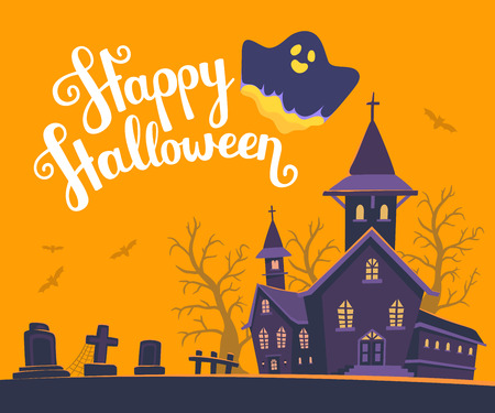 Vector halloween illustration of haunted house, cemetery, bats on orange background with trees, text, ghost. Flat style design of scary castle for halloween greeting card, poster, web, site, banner.のイラスト素材