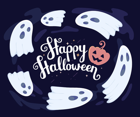 Vector halloween illustration of many white flying ghosts with eyes, mouths on dark blue background with clouds, words happy halloween and pumpkin. Flat style design for halloween greeting card, poster, web, site, bannerの写真素材