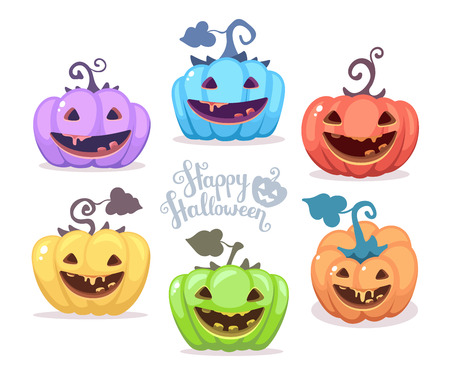 Vector halloween illustration of collection decorative colorful pumpkins with eyes, smiles, teeth and text happy halloween on white background. Flat style design for halloween greeting card, poster, web, site, banner.の写真素材