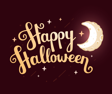 Vector halloween illustration with  text happy halloween and orange pumpkin on dark night background with stars. Flat style design for halloween greeting card, poster, web, site, banner.の写真素材