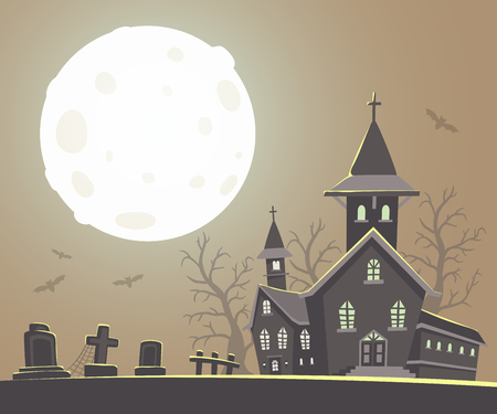 Vector halloween illustration of haunted house, cemetery, bats, big full moon on gray background with trees. Flat style design of scary castle for halloween greeting card, poster, web, site, banner.の写真素材