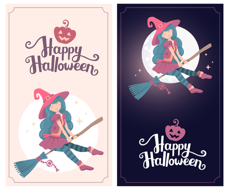Vector colorful template with halloween illustration of witch character with hat flying on a broomstick on the moon background. Flat style design for halloween greeting card, poster, banner, web, siteのイラスト素材