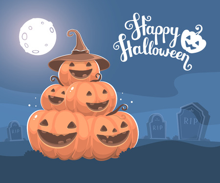 Vector halloween illustration of pile of decorative orange pumpkins with hat, eyes, smiles, full moon, headstone at the cemetery and text happy halloween. Flat style design for halloween greeting card, poster, web, site, banner.のイラスト素材