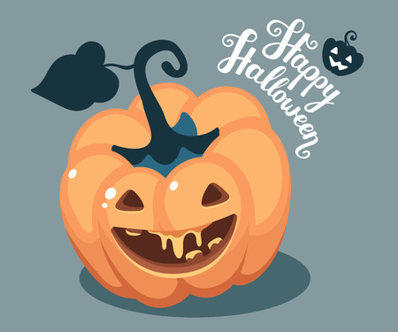 Vector halloween illustration of top view decorative orange pumpkin with eyes, smiles, teeth and text happy halloween on blue background. Flat style design for halloween greeting card, poster, web, site, banner.のイラスト素材