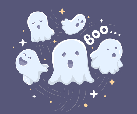Vector halloween illustration of many white flying ghosts with eyes, mouths on dark blue background with stars. Flat style design for halloween greeting card, poster, web, site, bannerのイラスト素材