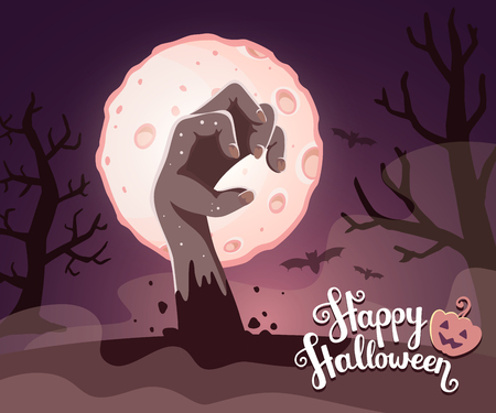 Vector halloween illustration of zombie hand in a graveyard with headstone, big full moon, trees, bats, text, pumpkin on dark background. Flat style design for halloween greeting card, poster, web, site, banner.のイラスト素材